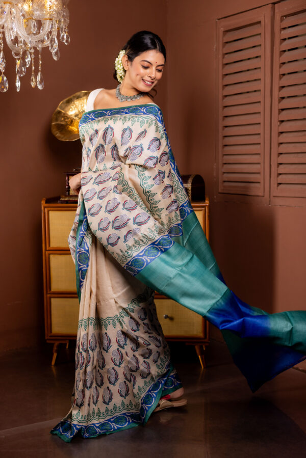 Dewdrop Design: Off-White Tussar with Blue-Green Block Prints - Image 3
