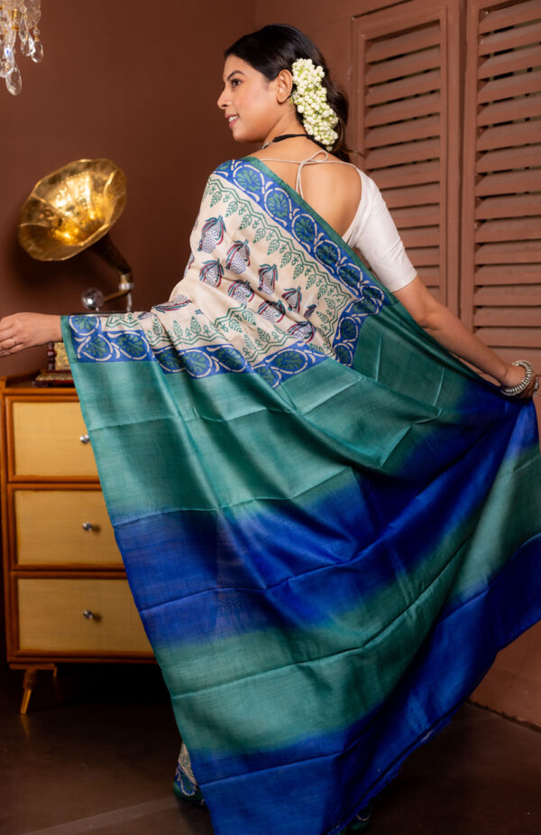 Dewdrop Design: Off-White Tussar with Blue-Green Block Prints - Image 4