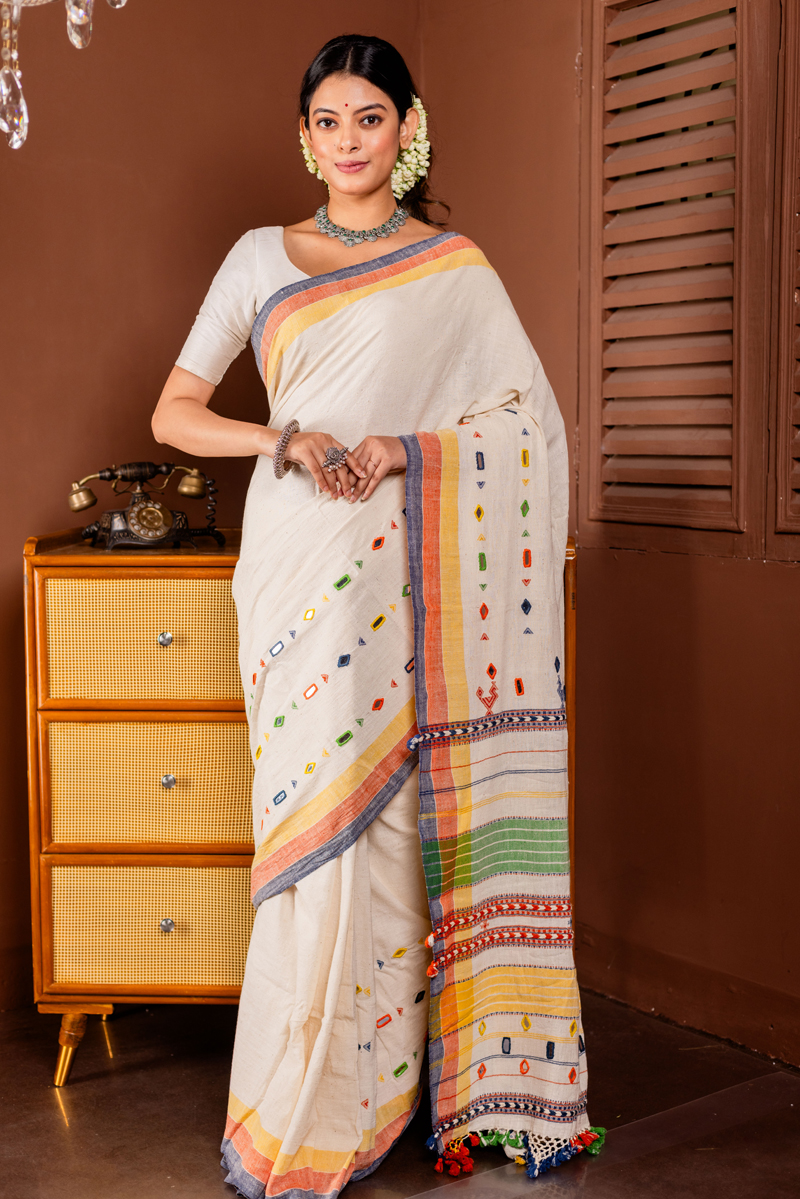 Ivory Elegance with Multicolor Border Cotton Bhujodi