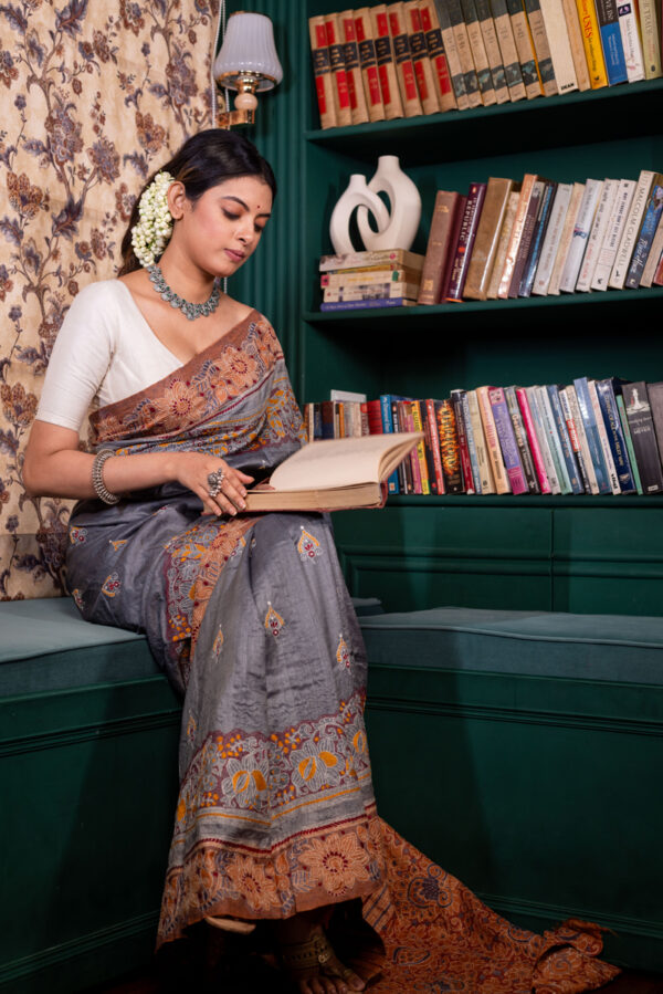 Grey Canvas: Tussar Kantha with Earthy Orange and Yellow - Image 3