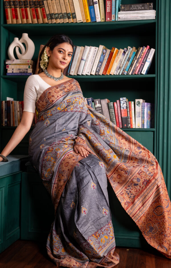 Grey Canvas: Tussar Kantha with Earthy Orange and Yellow