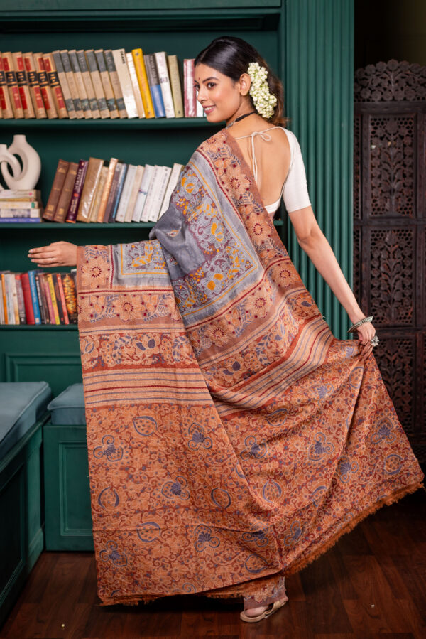 Grey Canvas: Tussar Kantha with Earthy Orange and Yellow - Image 4