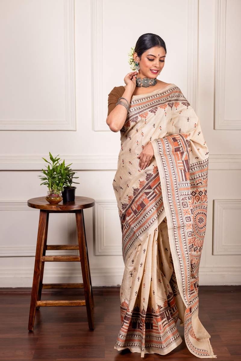 Ivory Earth: Tussar Kantha with Brown and Orange Motifs