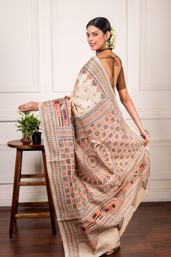 Ivory Earth: Tussar Kantha with Brown and Orange Motifs - Image 4