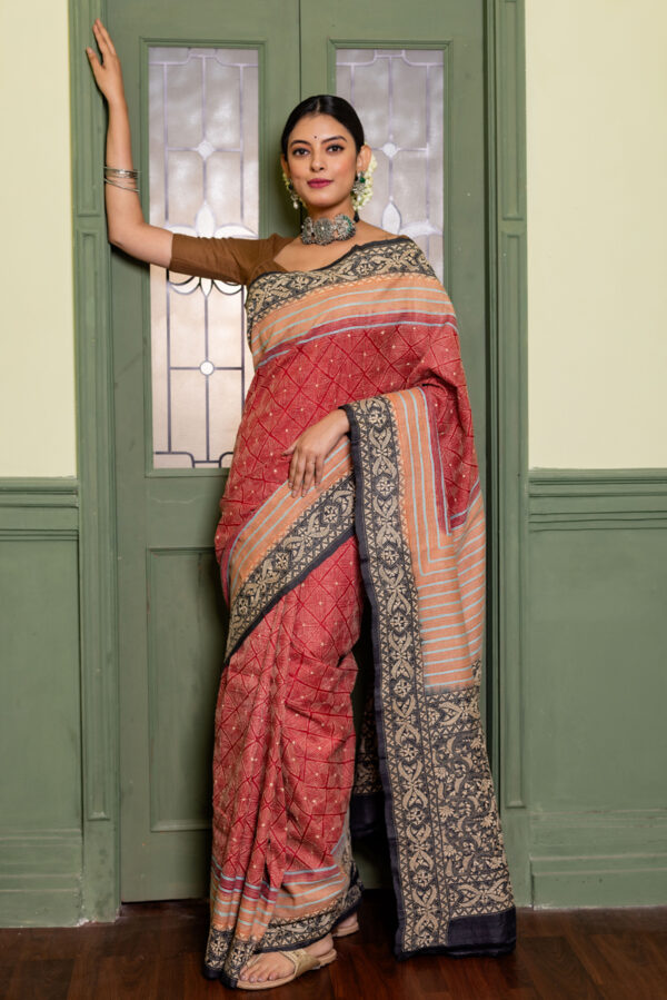 Coral and Navy Tussar Kantha with Gold Highlights