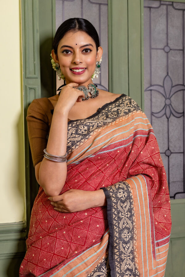 Coral and Navy Tussar Kantha with Gold Highlights - Image 2