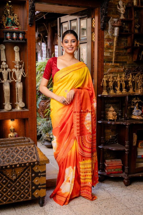 Sunset Radiance: Yellow & Vermilion Silk Lambani