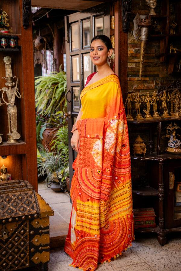 Sunset Radiance: Yellow & Vermilion Silk Lambani - Image 2